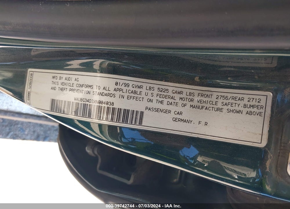 1999 AUDI A8 VIN: WAUBG34D3XN004038