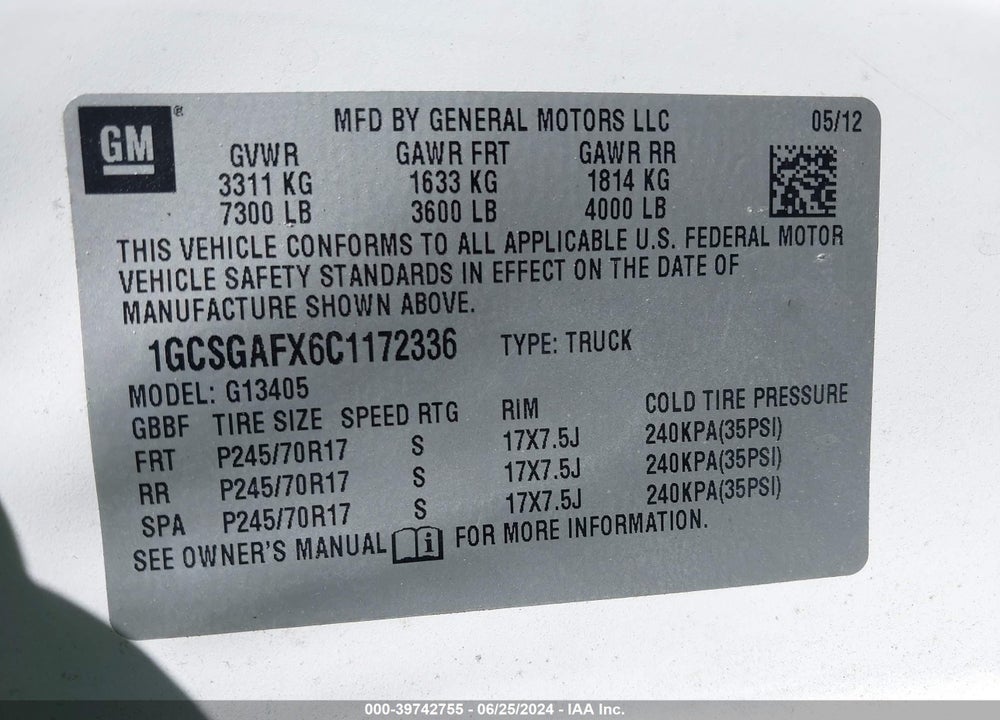 2012 CHEVROLET EXPRESS 1500 WORK VAN VIN: 1GCSGAFX6C1172336