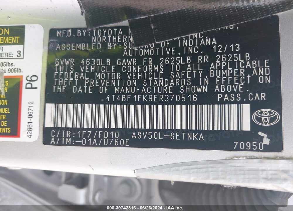 2014 TOYOTA CAMRY LE VIN: 4T4BF1FK9ER370516