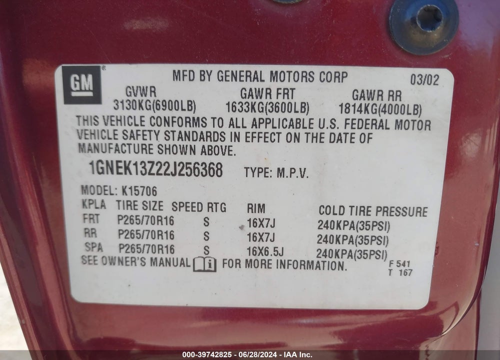2002 CHEVROLET TAHOE LT VIN: 1GNEK13Z22J256368