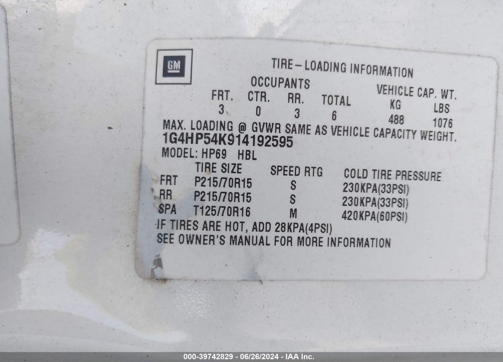 2001 BUICK LESABRE CUSTOM VIN: 1G4HP54K914192595