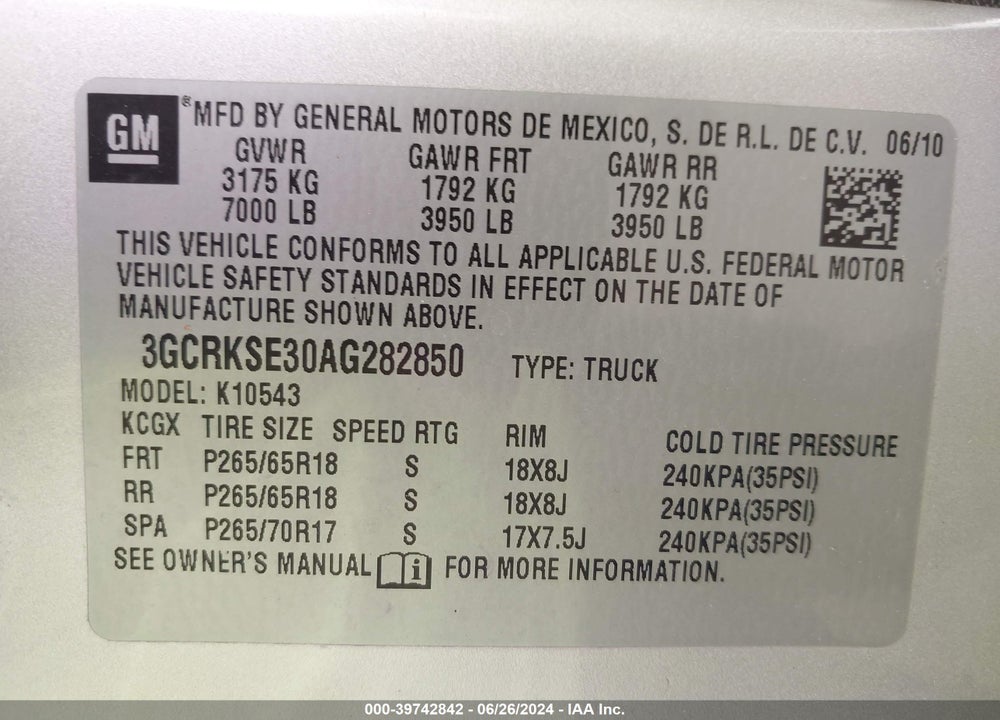 2010 CHEVROLET SILVERADO 1500 LT VIN: 3GCRKSE30AG282850