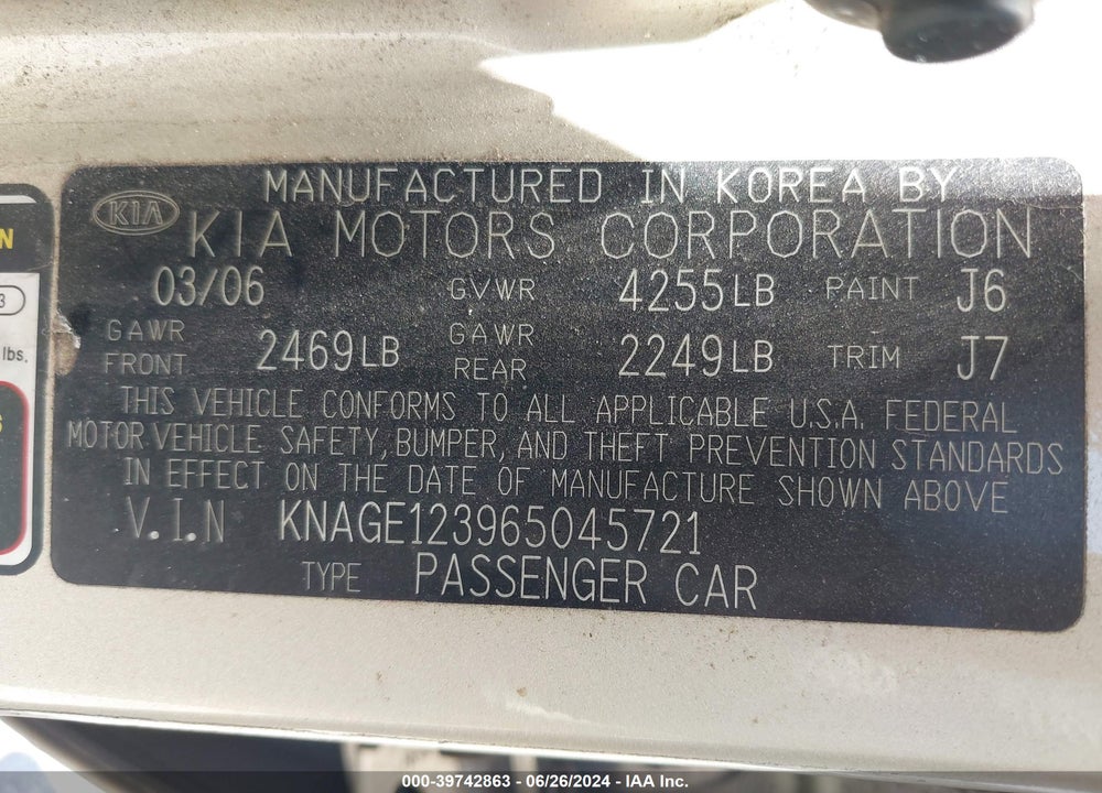 2006 KIA OPTIMA EX NEW/LX NEW VIN: KNAGE123965045721