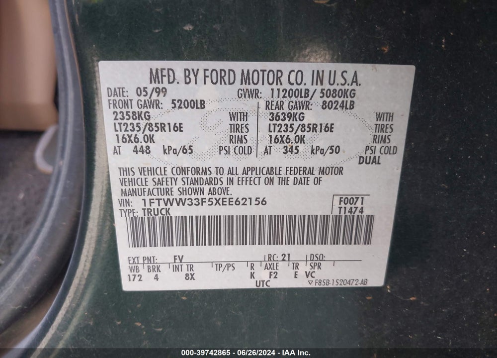 1999 FORD F-350 LARIAT/XL/XLT VIN: 1FTWW33F5XEE62156