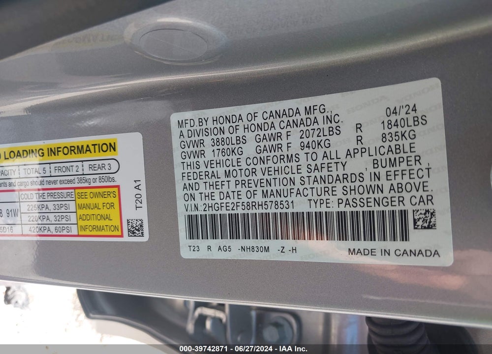 2024 HONDA CIVIC SPORT VIN: 2HGFE2F58RH578531