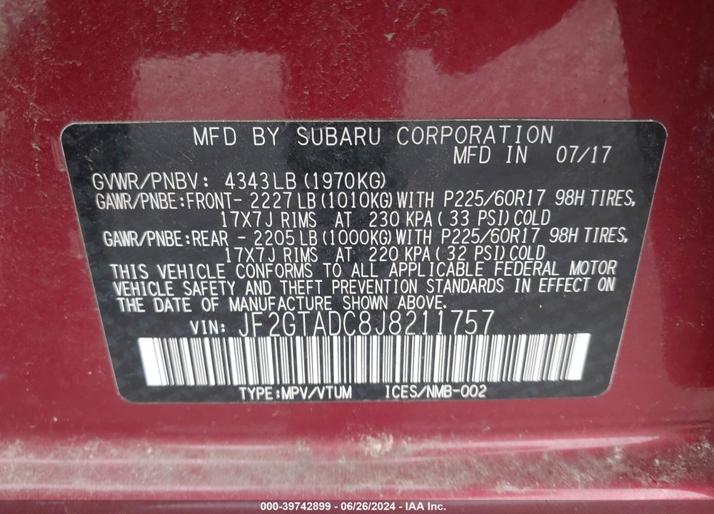 2018 SUBARU CROSSTREK 2.0I PREMIUM VIN: JF2GTADC8J8211757
