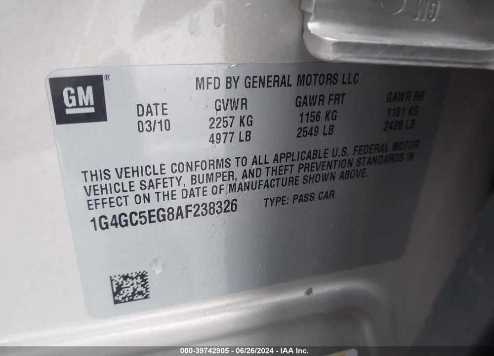 2010 BUICK LACROSSE CXL VIN: 1G4GC5EG8AF238326