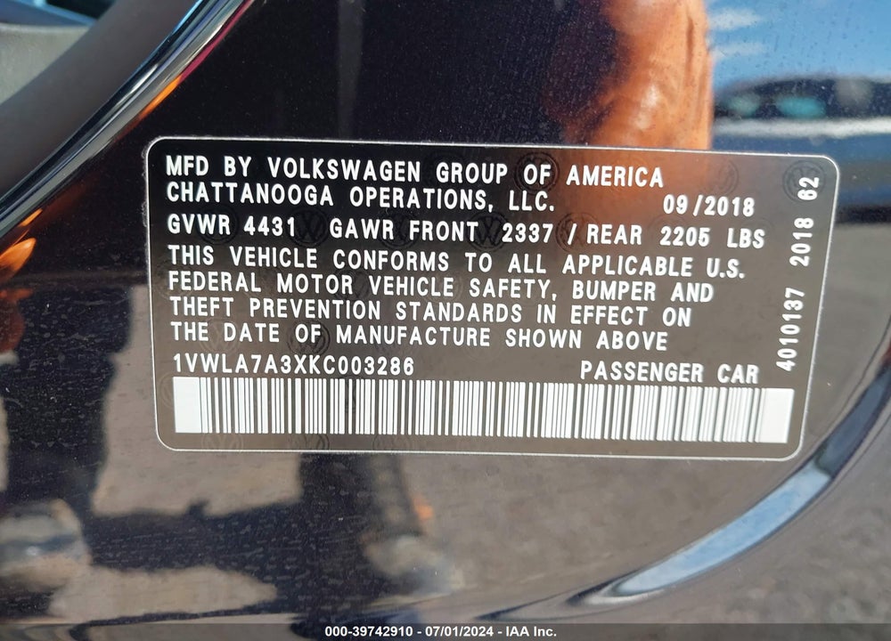 2019 VOLKSWAGEN PASSAT 2.0T WOLFSBURG EDITION VIN: 1VWLA7A3XKC003286