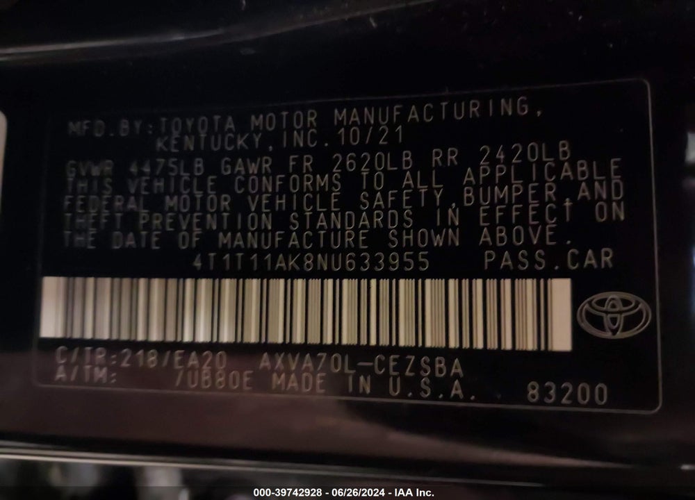2022 TOYOTA CAMRY SE VIN: 4T1T11AK8NU633955