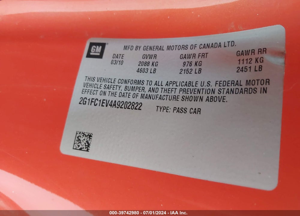 2010 CHEVROLET CAMARO 2LT VIN: 2G1FC1EV4A9202822