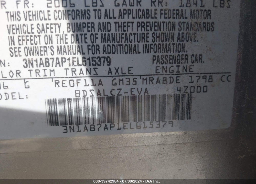 2014 NISSAN SENTRA S VIN: 3N1AB7AP1EL615379