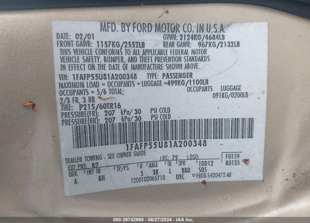 2001 FORD TAURUS SES VIN: 1FAFP55U81A200348