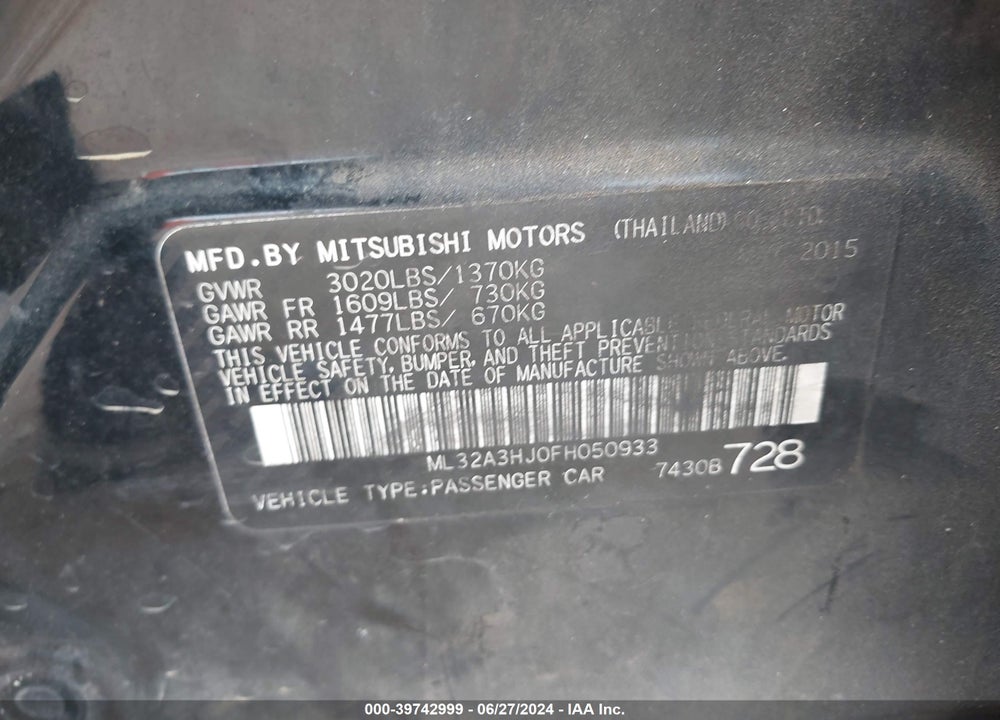 2015 MITSUBISHI MIRAGE DE VIN: ML32A3HJ0FH050933