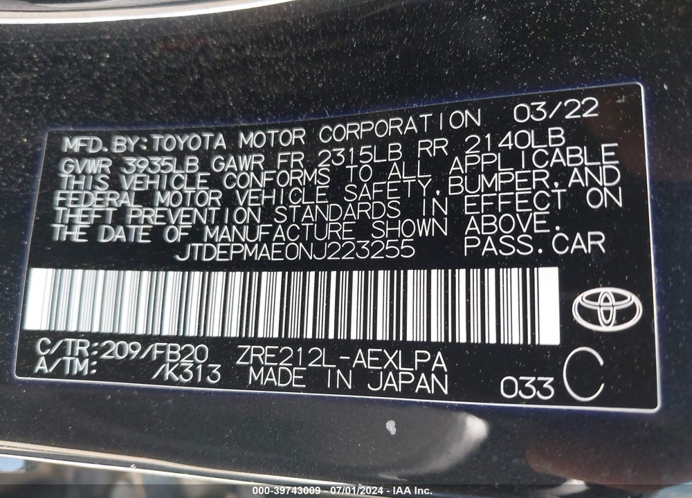 2022 TOYOTA COROLLA LE VIN: JTDEPMAE0NJ223255