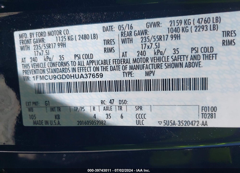2017 FORD ESCAPE SE VIN: 1FMCU9GD0HUA37659