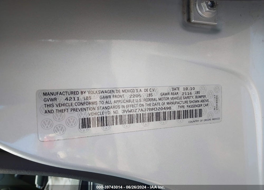 2011 VOLKSWAGEN JETTA 2.5L SE VIN: 3VWDZ7AJ7BM320498