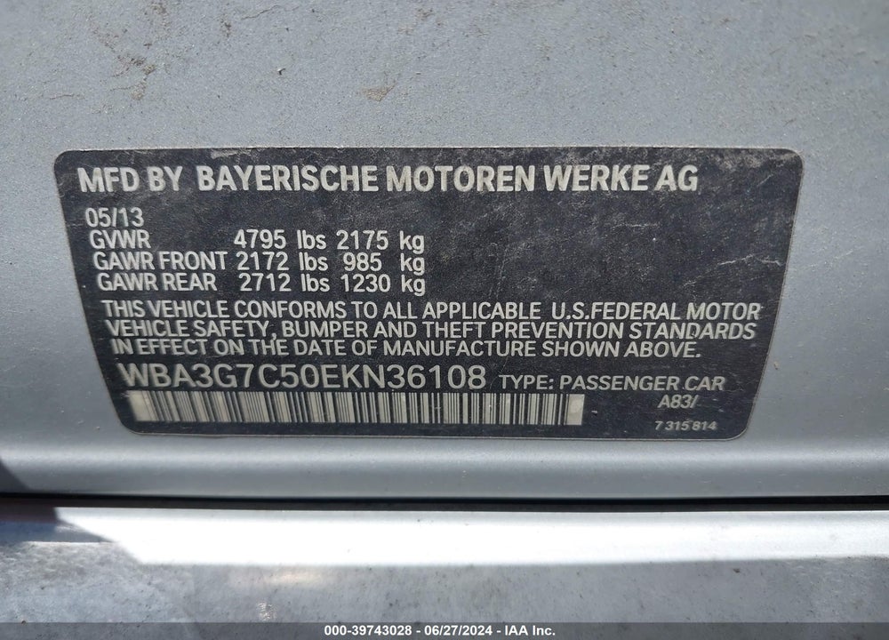 2014 BMW 328I XDRIVE VIN: WBA3G7C50EKN36108