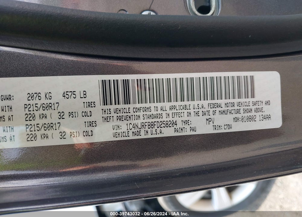 2015 JEEP PATRIOT LATITUDE VIN: 1C4NJRFB8FD258204