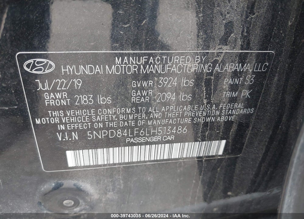 2020 HYUNDAI ELANTRA SEL VIN: 5NPD84LF6LH513486
