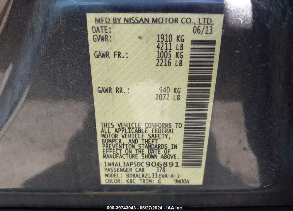 2013 NISSAN ALTIMA 2.5 S VIN: 1N4AL3AP5DC906891