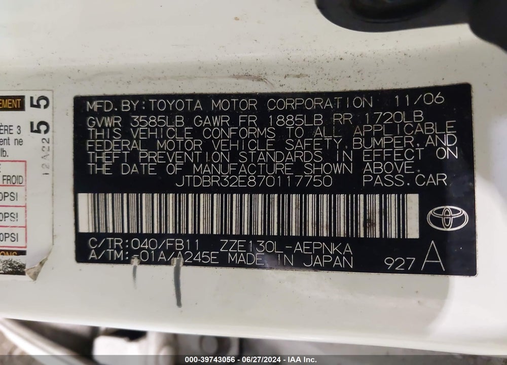 2007 TOYOTA COROLLA LE VIN: JTDBR32E870117750