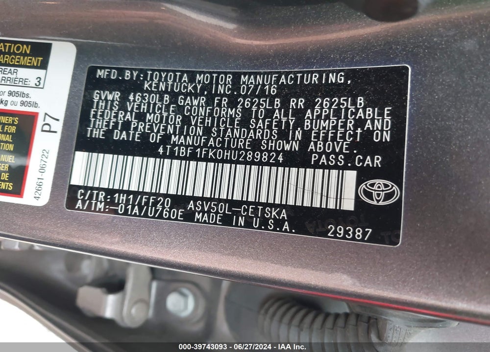 2017 TOYOTA CAMRY SE VIN: 4T1BF1FK0HU289824