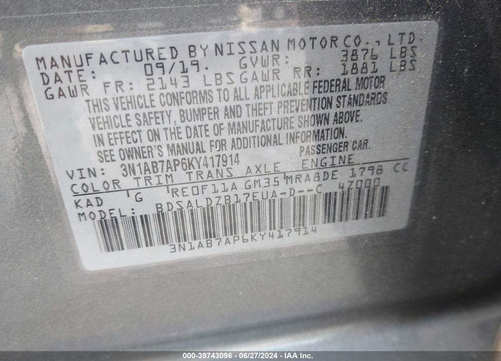 2019 NISSAN SENTRA SV VIN: 3N1AB7AP6KY417914