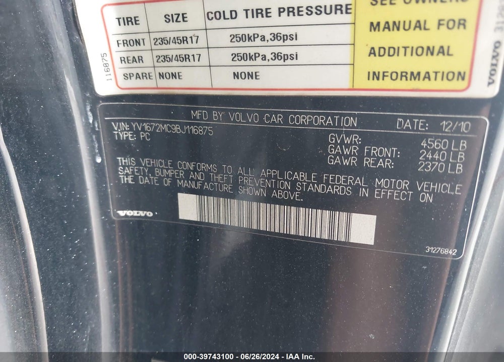 2011 VOLVO C70 T5 VIN: YV1672MC9BJ116875