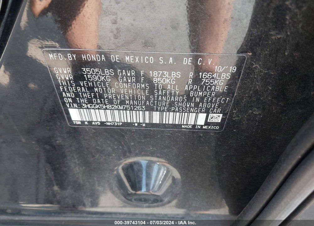 2019 HONDA FIT EX VIN: 3HGGK5H82KM751263