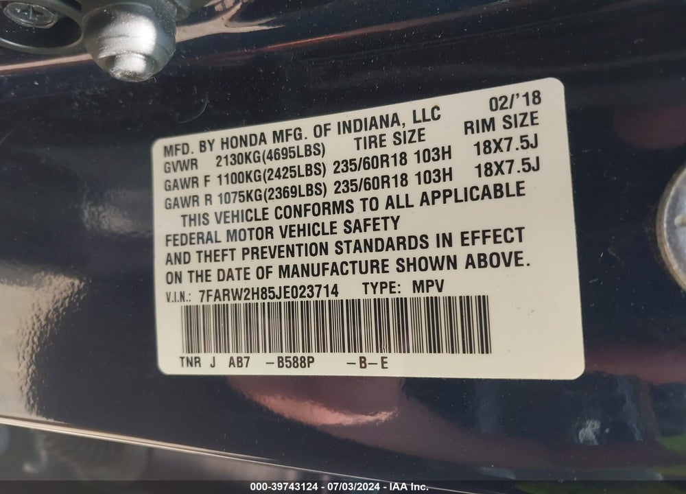 2018 HONDA CR-V EX-L/EX-L NAVI VIN: 7FARW2H85JE023714