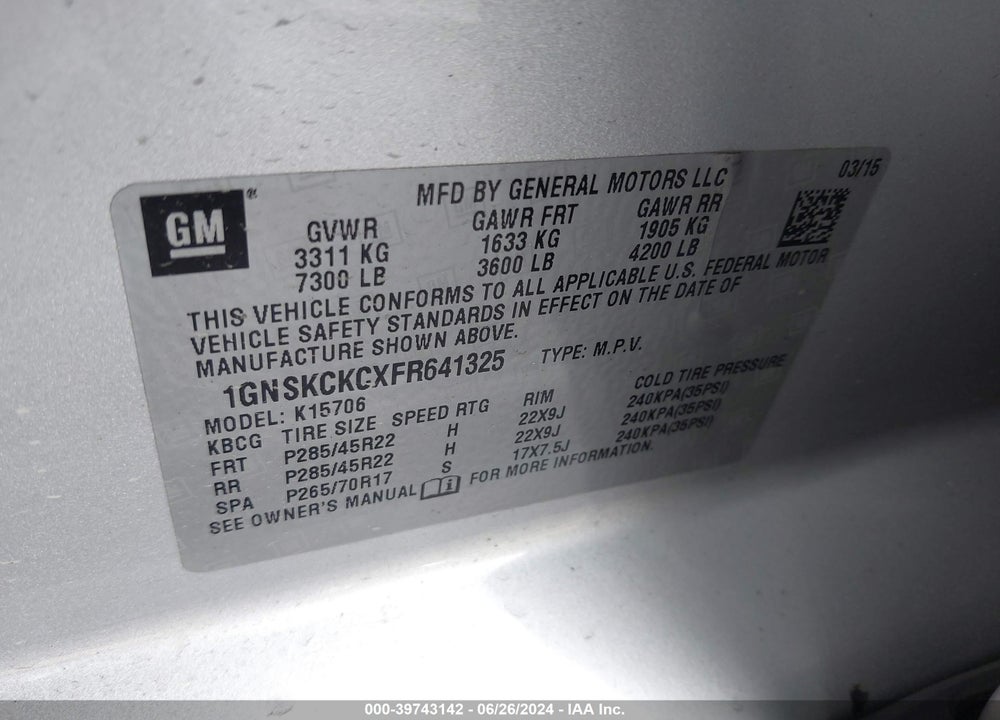 2015 CHEVROLET TAHOE LTZ VIN: 1GNSKCKCXFR641325