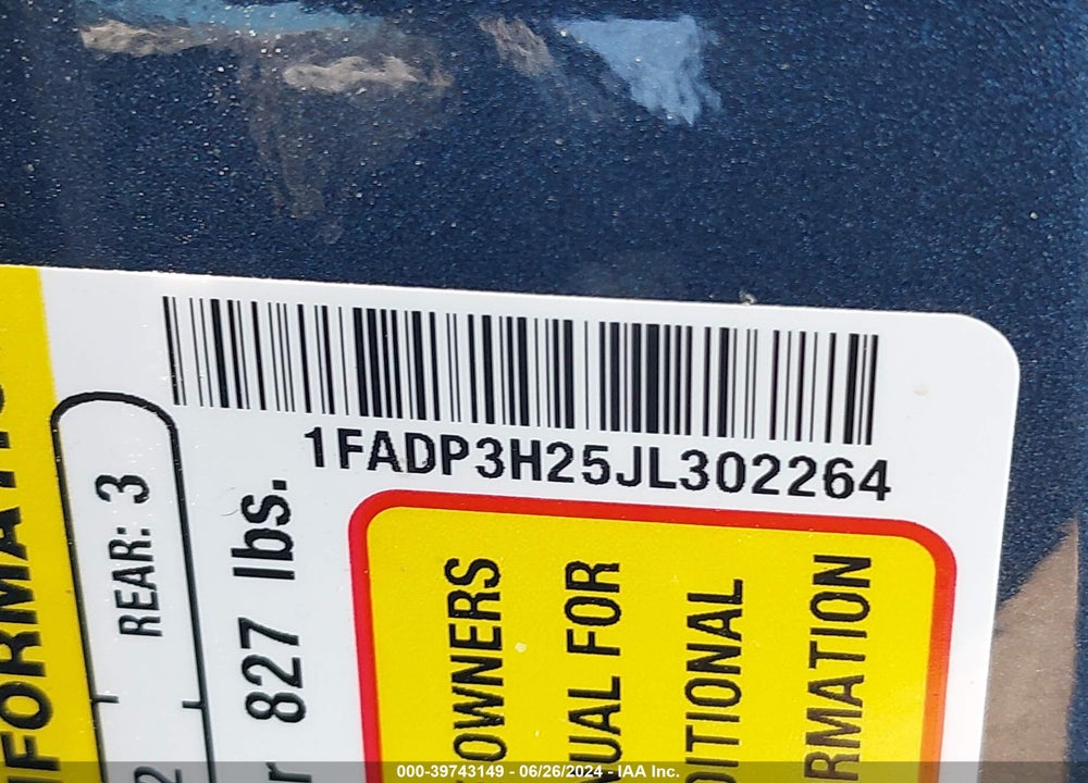 2018 FORD FOCUS SEL VIN: 1FADP3H25JL302264