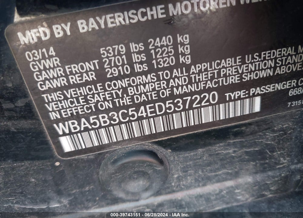2014 BMW 535I XDRIVE VIN: WBA5B3C54ED537220