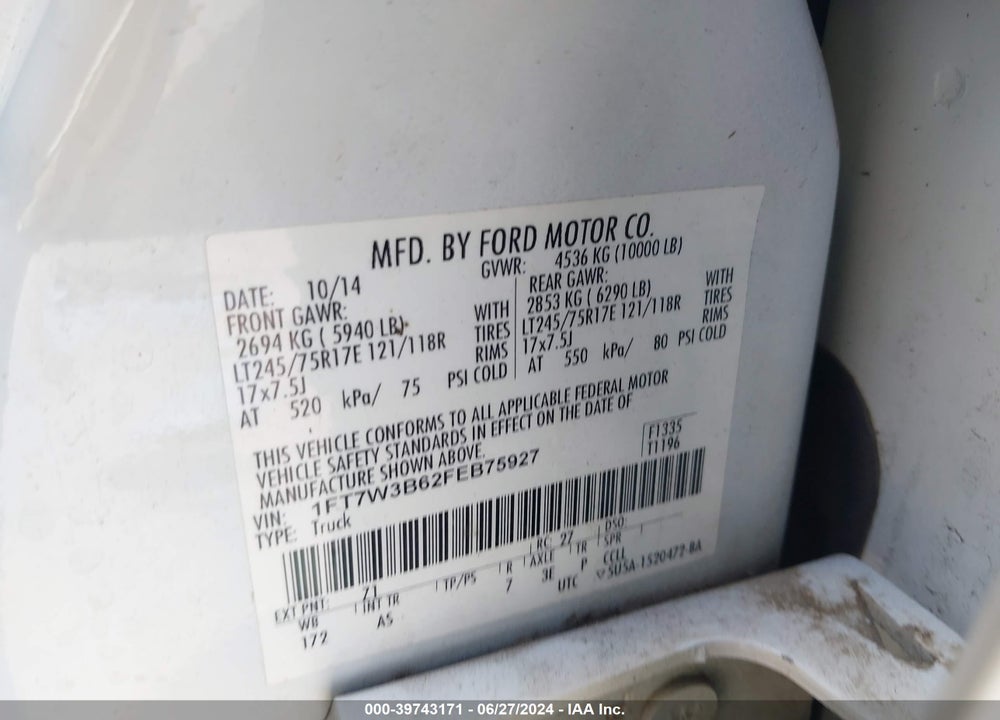 2015 FORD F-350 XL VIN: 1FT7W3B62FEB75927