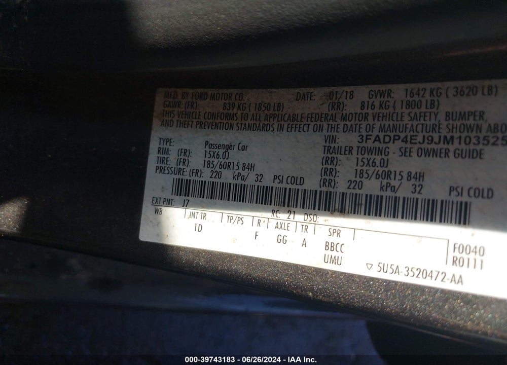 2018 FORD FIESTA SE VIN: 3FADP4EJ9JM103525