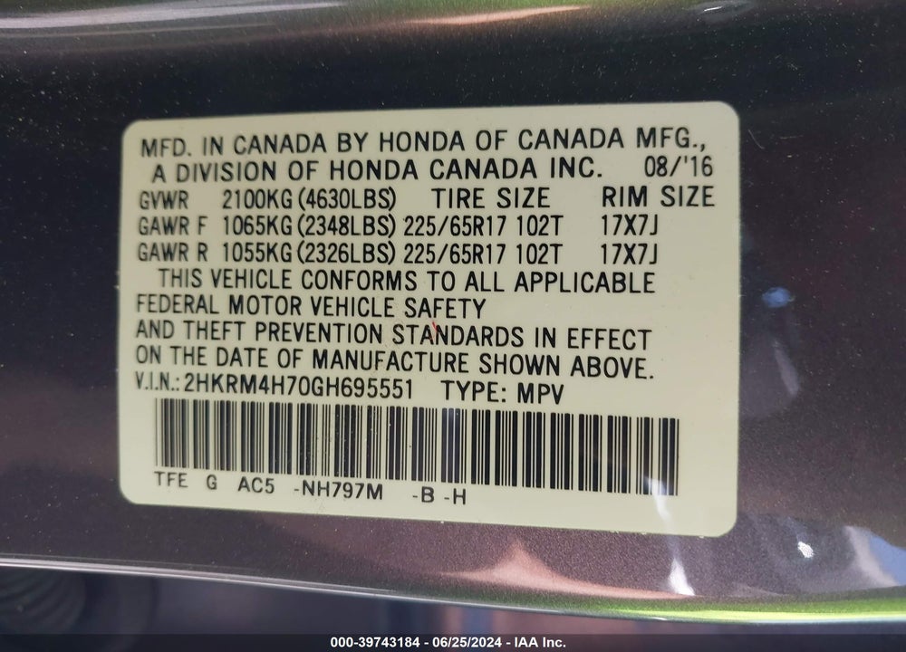 2016 HONDA CR-V EX-L VIN: 2HKRM4H70GH695551