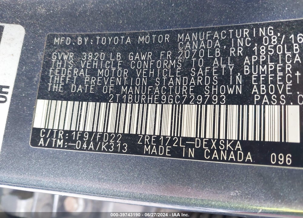 2016 TOYOTA COROLLA S PLUS VIN: 2T1BURHE9GC729793