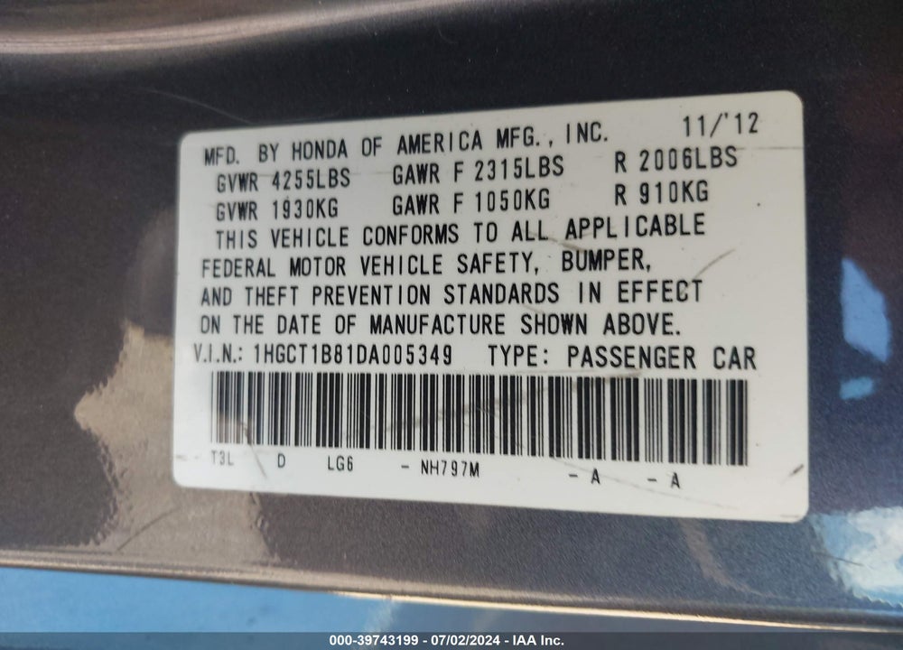 2013 HONDA ACCORD EX-L VIN: 1HGCT1B81DA005349