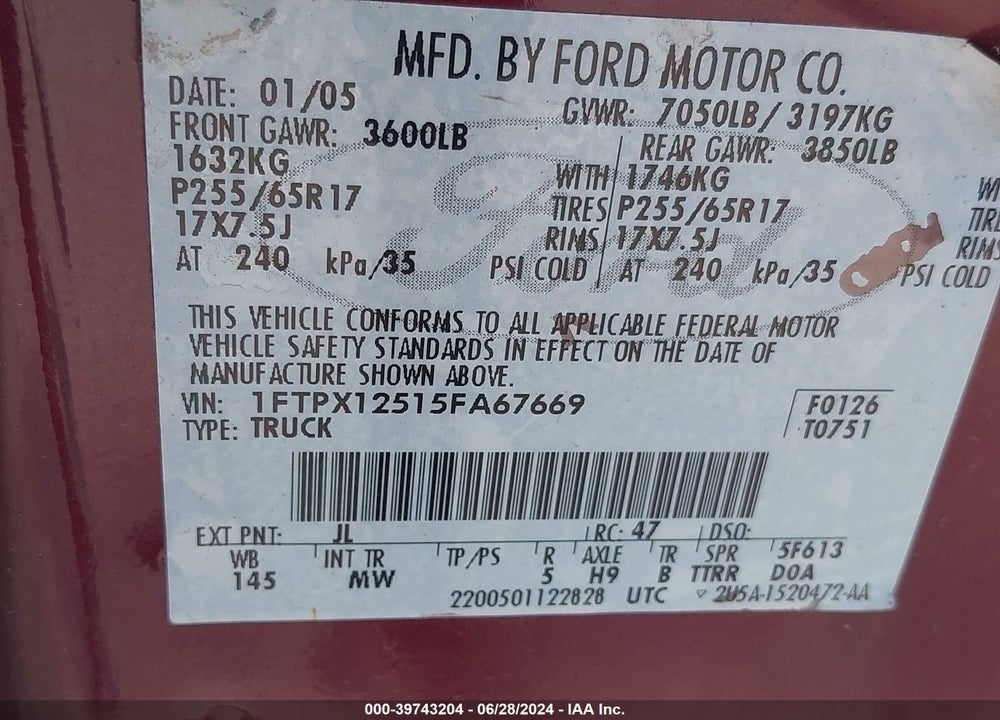 2005 FORD F-150 LARIAT/XL/XLT VIN: 1FTPX12515FA67669