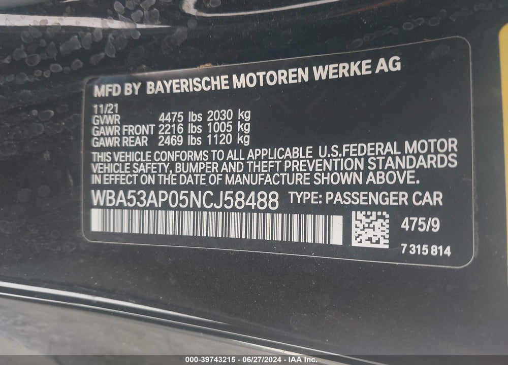 2022 BMW 430I VIN: WBA53AP05NCJ58488