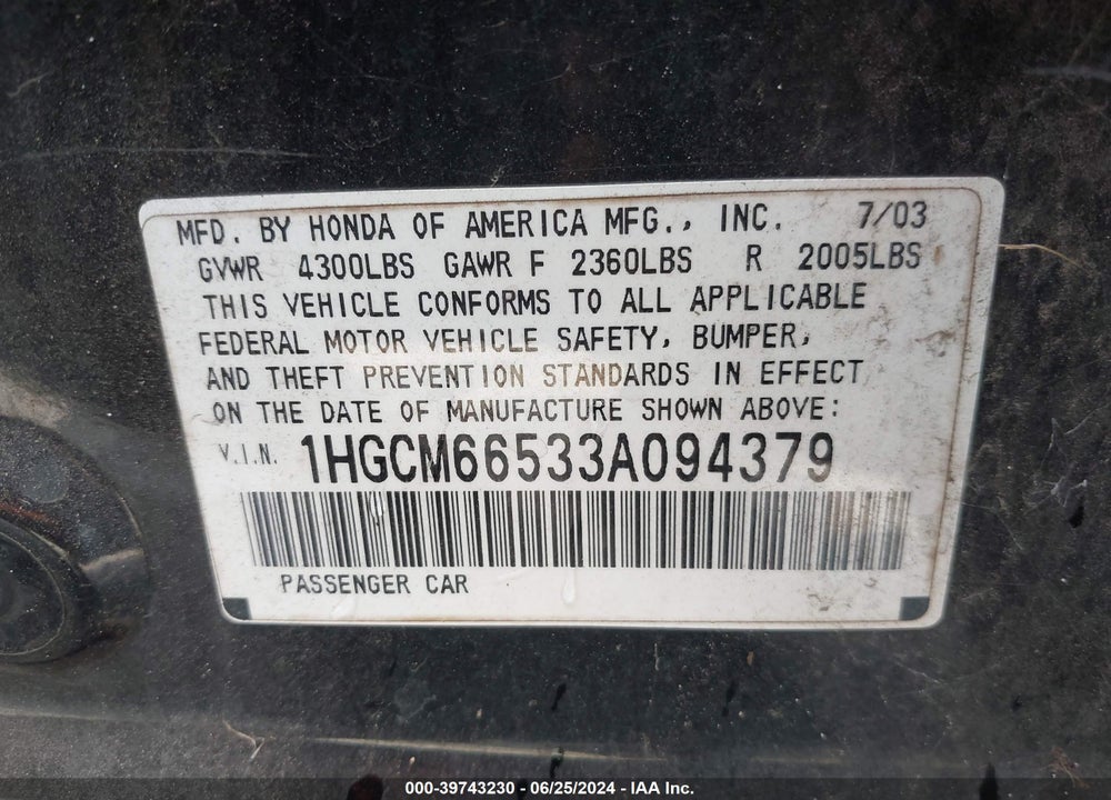 2003 HONDA ACCORD 3.0 EX VIN: 1HGCM66533A094379