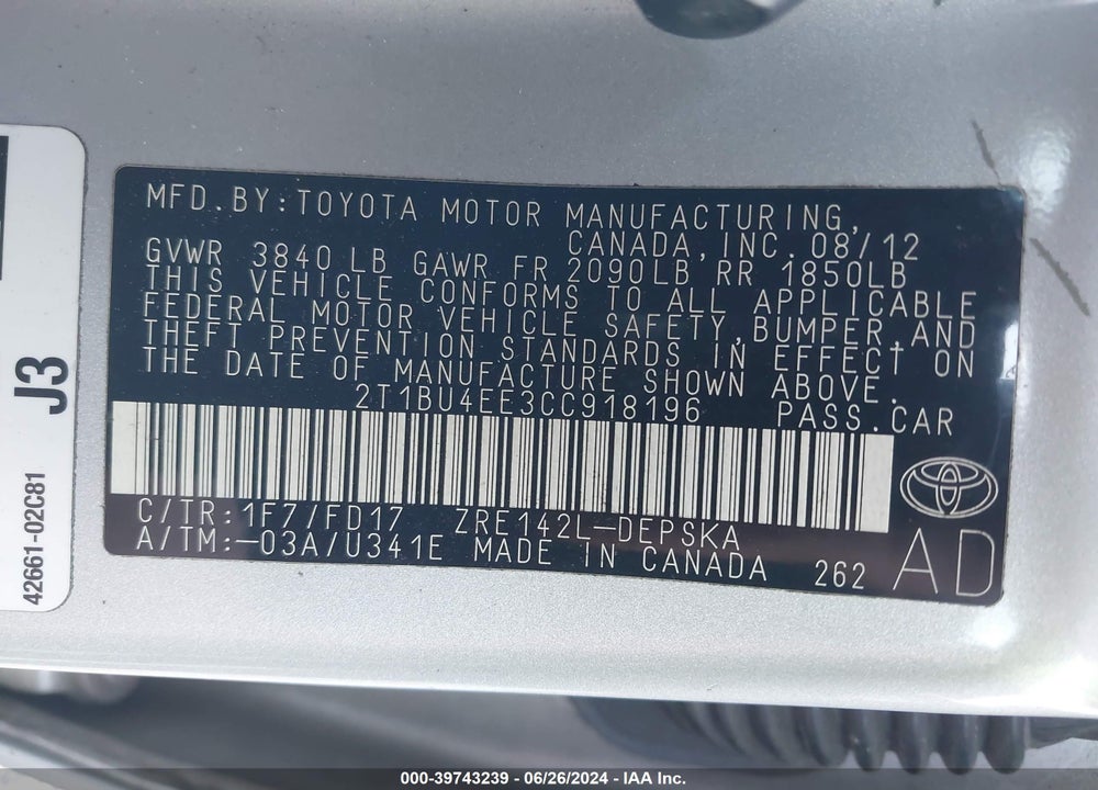 2012 TOYOTA COROLLA S VIN: 2T1BU4EE3CC918196