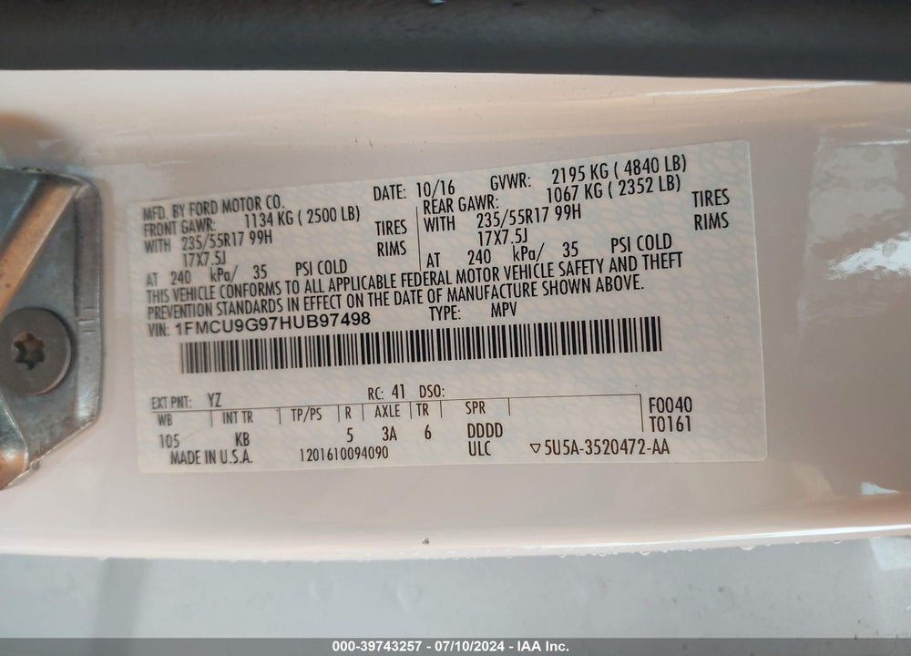2017 FORD ESCAPE SE VIN: 1FMCU9G97HUB97498