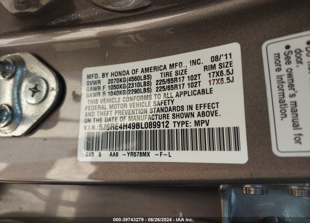 2011 HONDA CR-V SE VIN: 5J6RE4H49BL089912