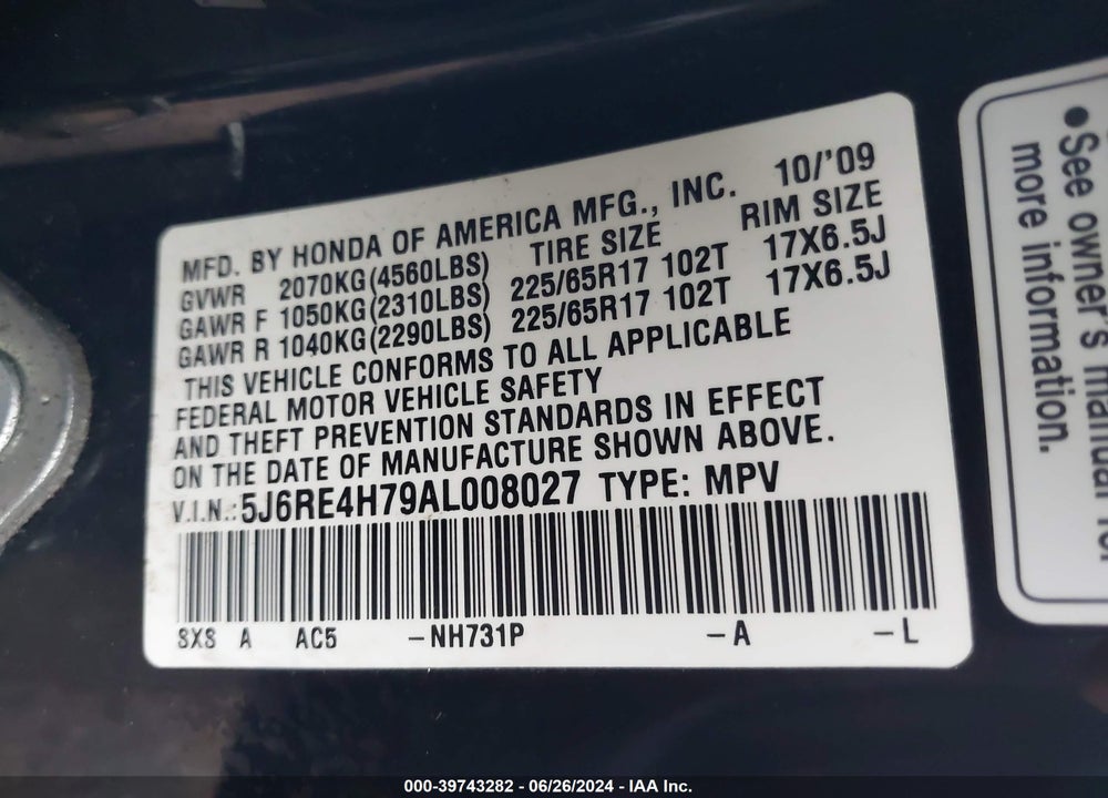 2010 HONDA CR-V EX-L VIN: 5J6RE4H79AL008027