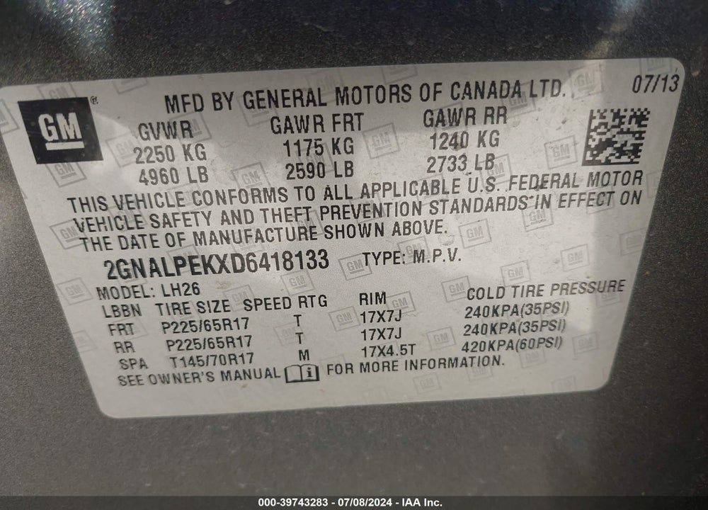 2013 CHEVROLET EQUINOX LT VIN: 2GNALPEKXD6418133