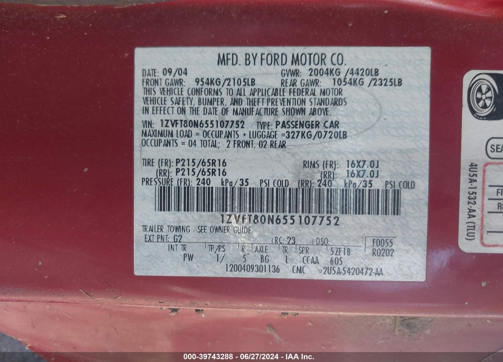 2005 FORD MUSTANG V6 DELUXE/V6 PREMIUM VIN: 1ZVFT80N655107752