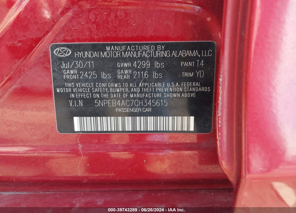 2012 HYUNDAI SONATA GLS VIN: 5NPEB4AC7CH345615