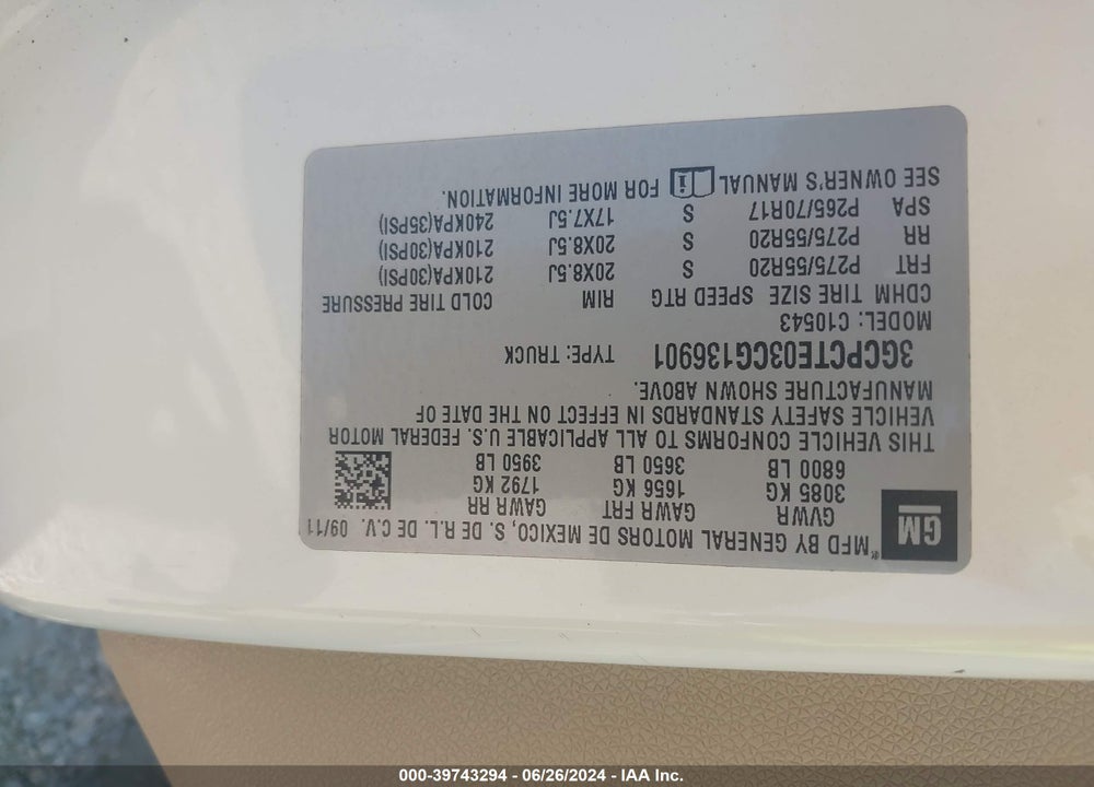 2012 CHEVROLET SILVERADO 1500 LTZ VIN: 3GCPCTE03CG136901