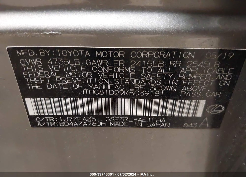 2019 LEXUS IS 300 VIN: JTHC81D29K5039181